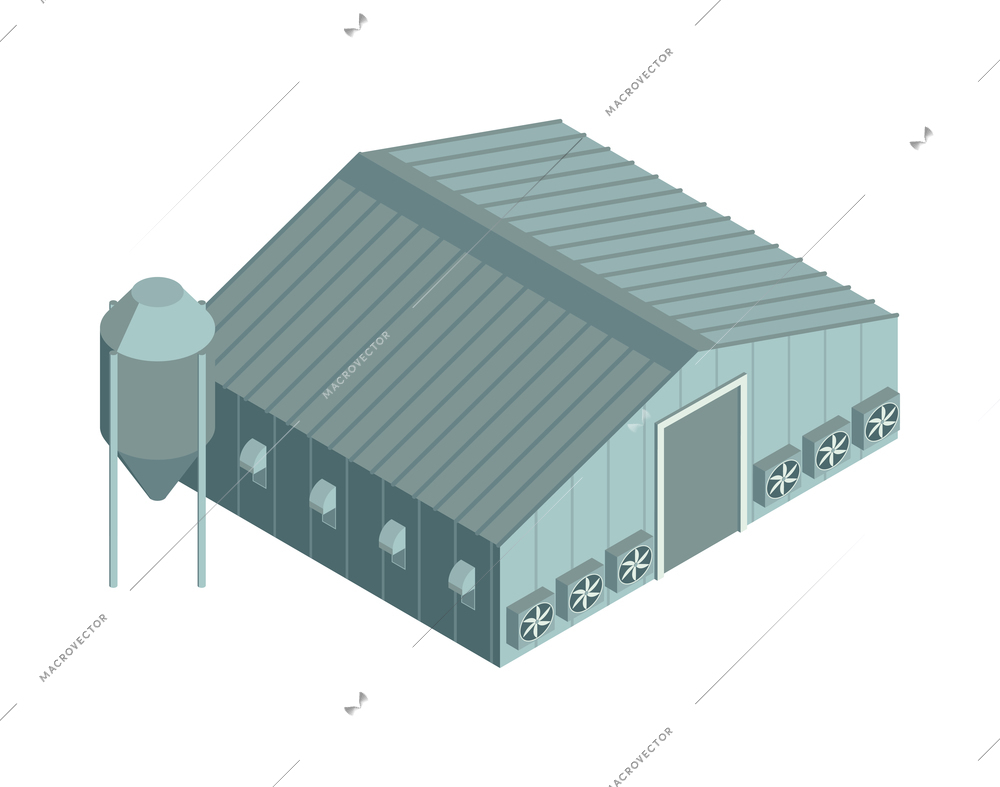 Isometric poultry farm chicken composition with isolated image of farm building vector illustration