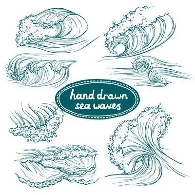 Waves flowing water hand drawn sea ocean icons set isolated vector illustration