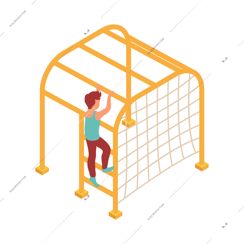 Kid sport isometric composition with character of boy climbing up gymnastic apparatus vector illustration