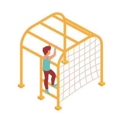 Kid sport isometric composition with character of boy climbing up gymnastic apparatus vector illustration