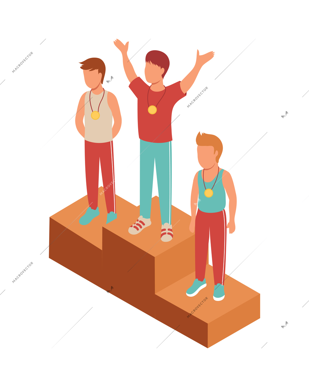 Kid sport isometric composition with characters of medallist boys standing on winners podium vector illustration
