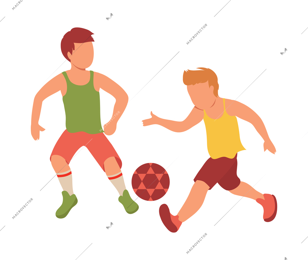Kid sport isometric composition with characters of boys playing with football ball vector illustration