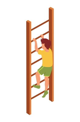 Kid sport isometric composition with character of boy climbing up the ladder vector illustration