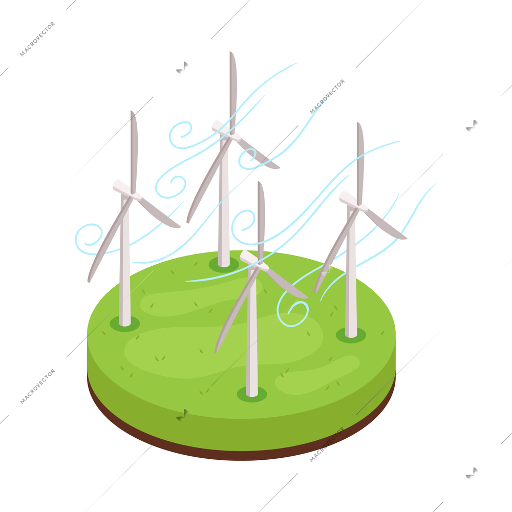 Isometric natural environmental land resources composition with view of field with wind turbines vector illustration