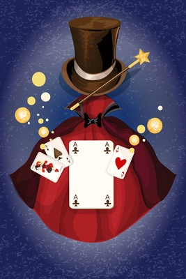 Magician decorative colored background with cylinder wand and cape vector illustration