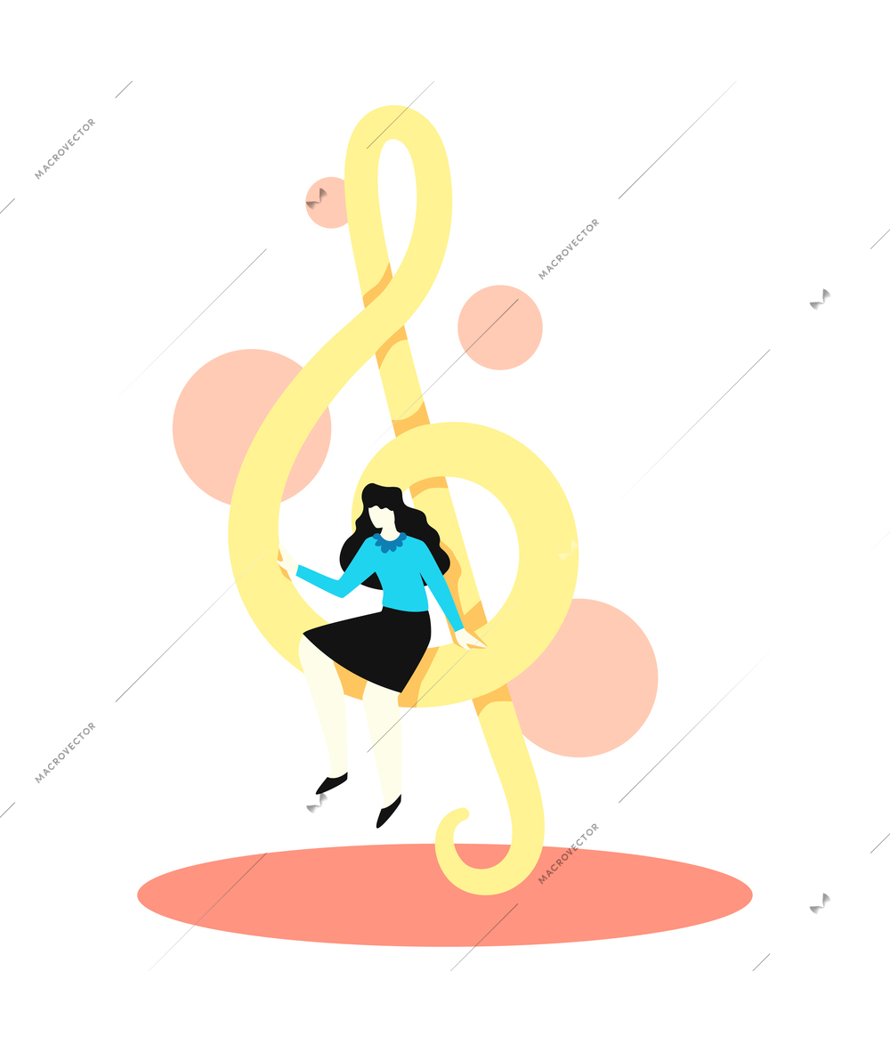 Online music learning app composition with female character sitting on treble clef vector illustration