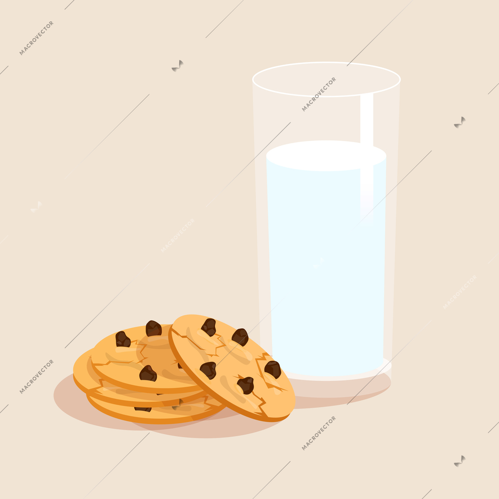 Glass of milk and chocolate sweet snack cookies decorative set vector illustration