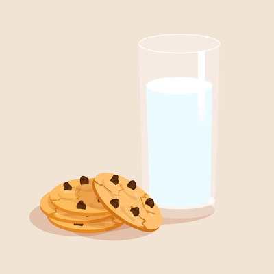 Glass of milk and chocolate sweet snack cookies decorative set vector illustration