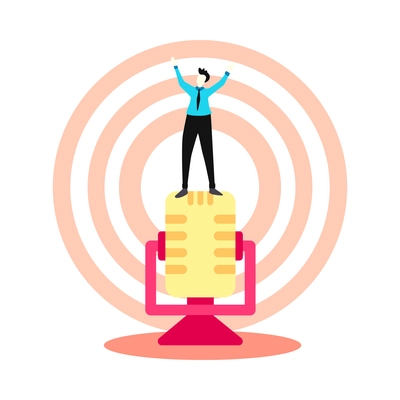 Online music learning app composition with human character standing on top of microphone symbol vector illustration