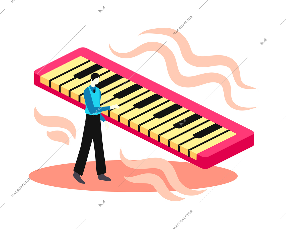 Online music learning app composition with male character playing on keyboard vector illustration