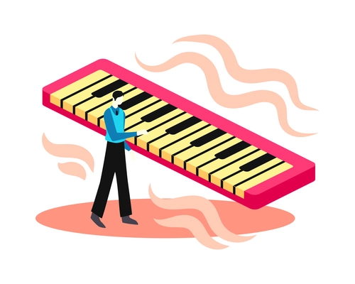 Online music learning app composition with male character playing on keyboard vector illustration