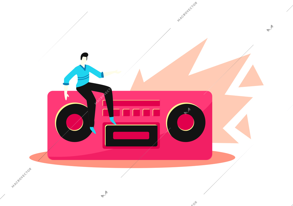 Online music learning app composition with male character sitting on top of boombox player vector illustration