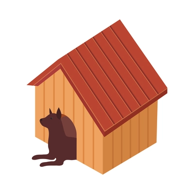Pet animals isometric composition with isolated view of dog in wooden booth vector illustration