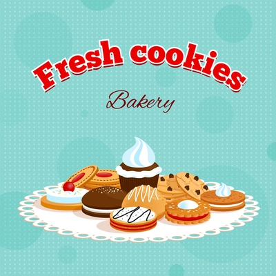 Bakery retro poster with fresh cookies lettering and different desserts on table napkin vector illustration