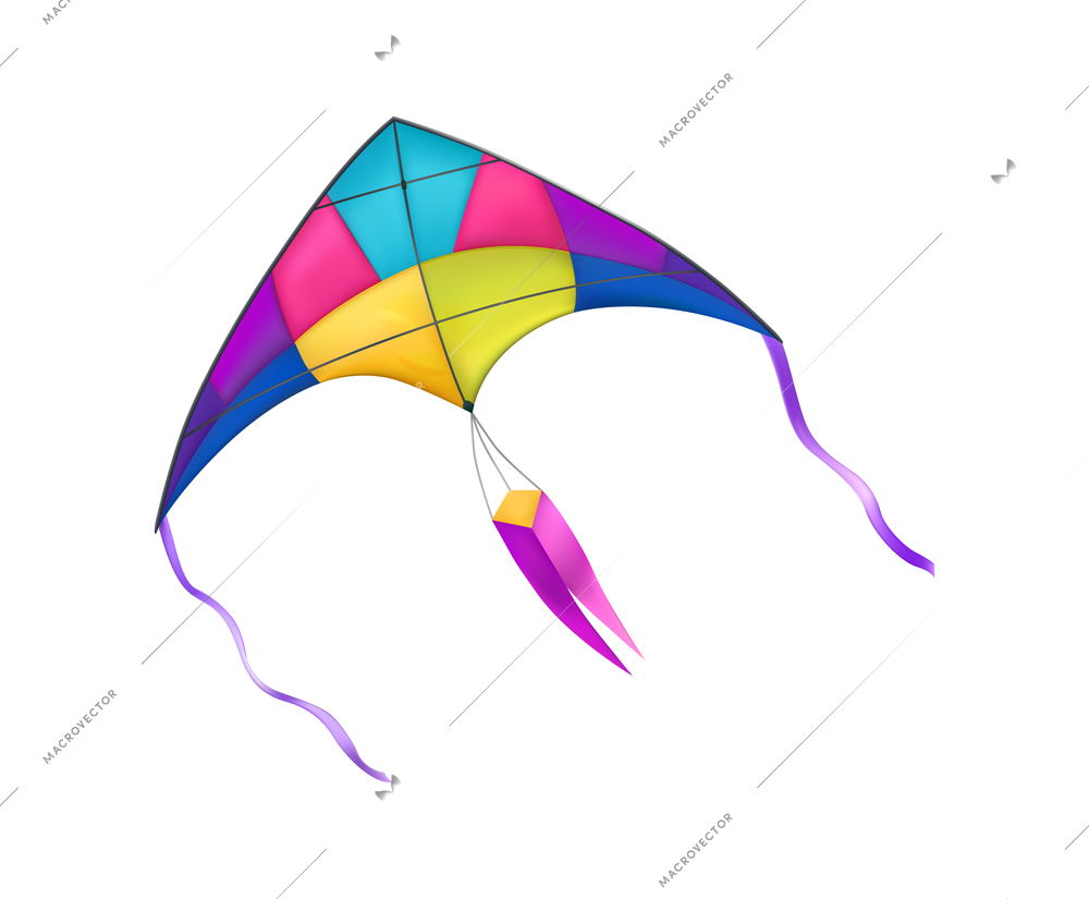 Realistic kite composition with realistic image of colorful kite on blank background vector illustration