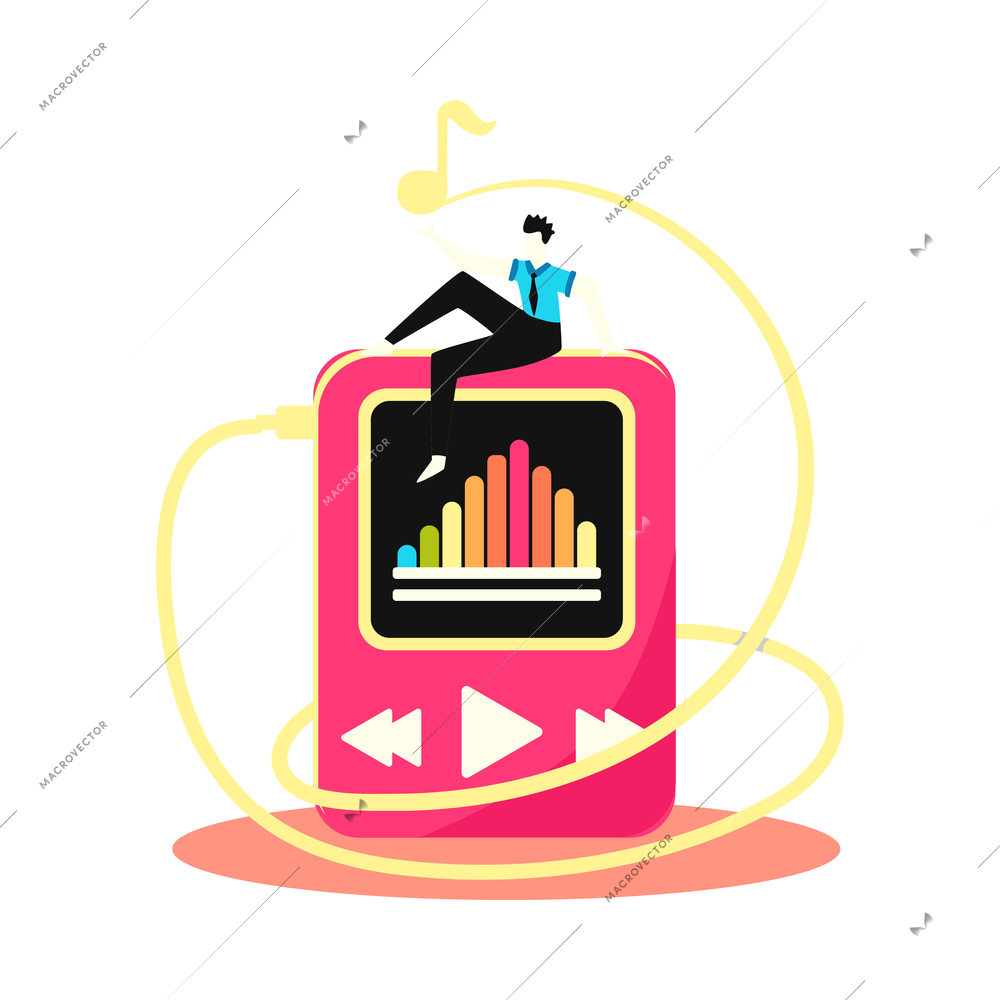 Online music learning app composition with male character sitting on top of mp3 player vector illustration