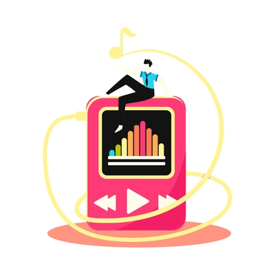 Online music learning app composition with male character sitting on top of mp3 player vector illustration