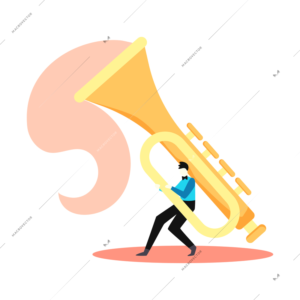 Online music learning app composition with male character playing on huge tube vector illustration