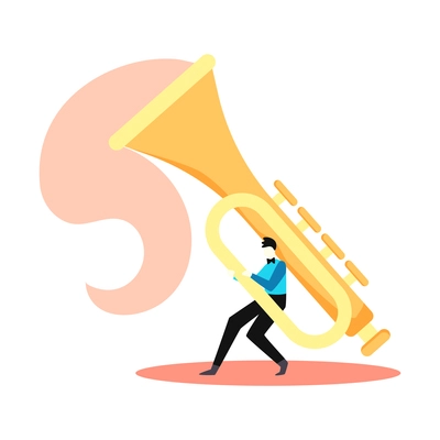 Online music learning app composition with male character playing on huge tube vector illustration