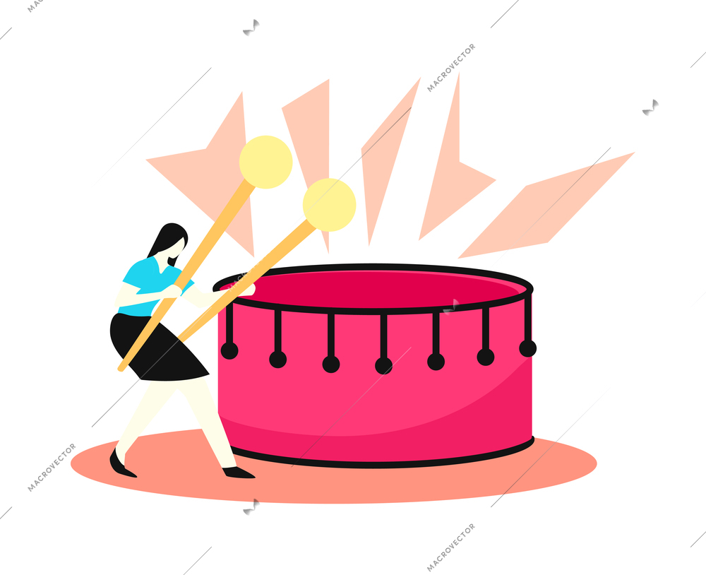 Online music learning app composition with female character playing on big drum vector illustration