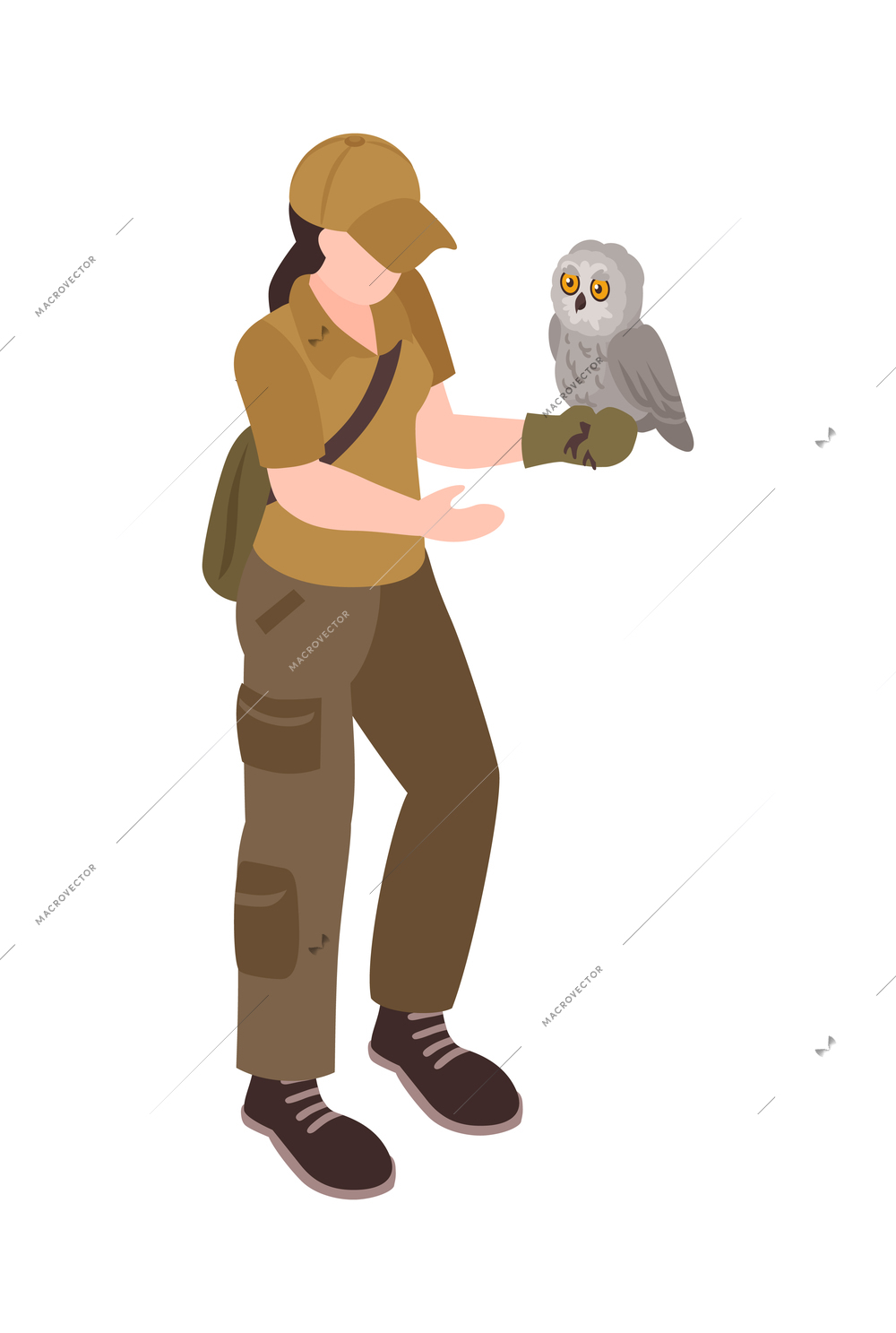 Isometric ornithologist isometric composition with character of female birdman holding owl vector illustration