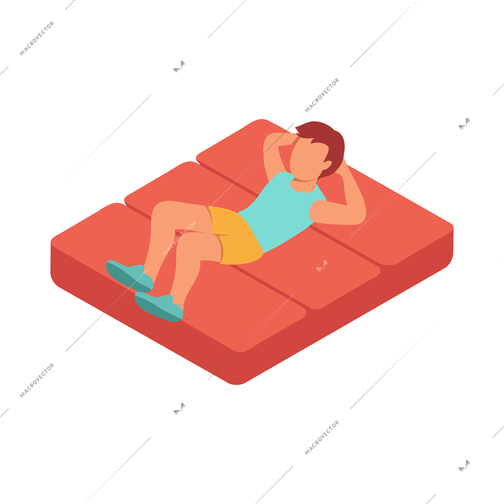 Kid sport isometric composition with character of boy doing abdominal crunches on mat vector illustration