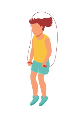Kid sport isometric composition with character of girl jumping with skipping rope vector illustration
