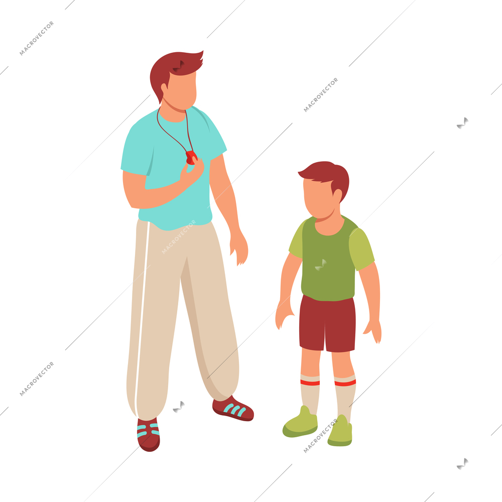 Kid sport isometric composition with characters of teenage boy and adult trainer vector illustration