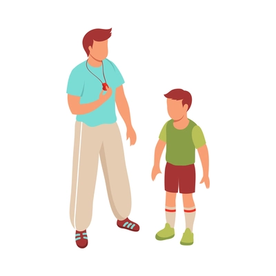 Kid sport isometric composition with characters of teenage boy and adult trainer vector illustration