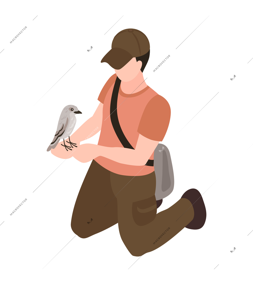 Isometric ornithologist isometric composition with character of male birdman holding bird vector illustration