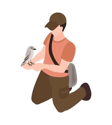 Isometric ornithologist isometric composition with character of male birdman holding bird vector illustration