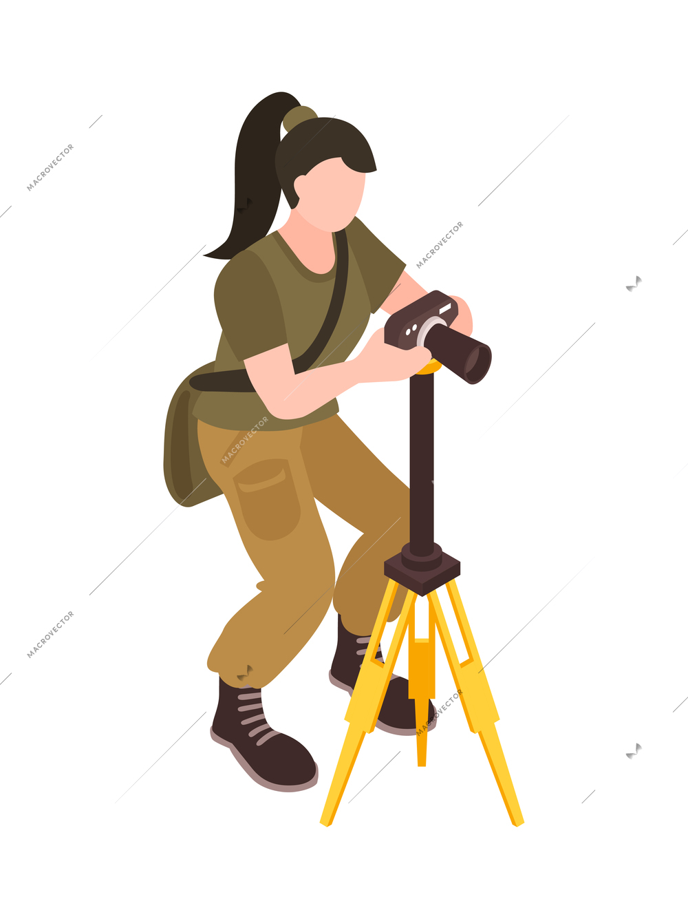 Isometric ornithologist isometric composition with character of female bird watcher with camera vector illustration