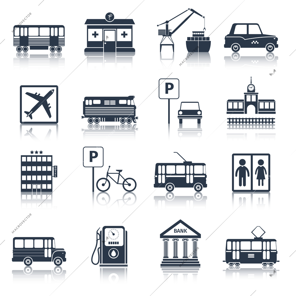 City infrastructure icons black set with tram pharmacy port taxi isolated vector illustration