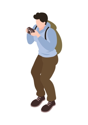 Isometric ornithologist isometric composition with character of male bird watcher holding photo camera vector illustration