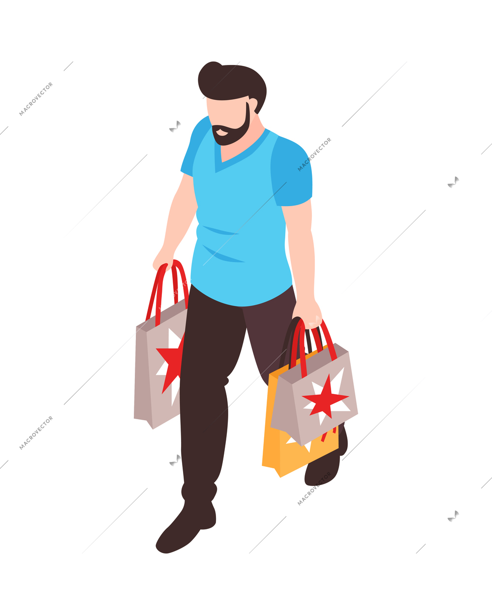 Isometric clothing store shopping composition with isolated character of walking man carrying shopping bags vector illustration