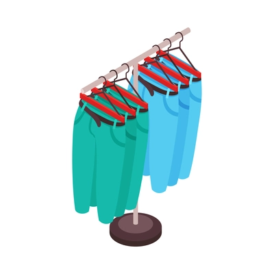Isometric clothing store shopping composition with colorful trousers hanging on rail stand vector illustration
