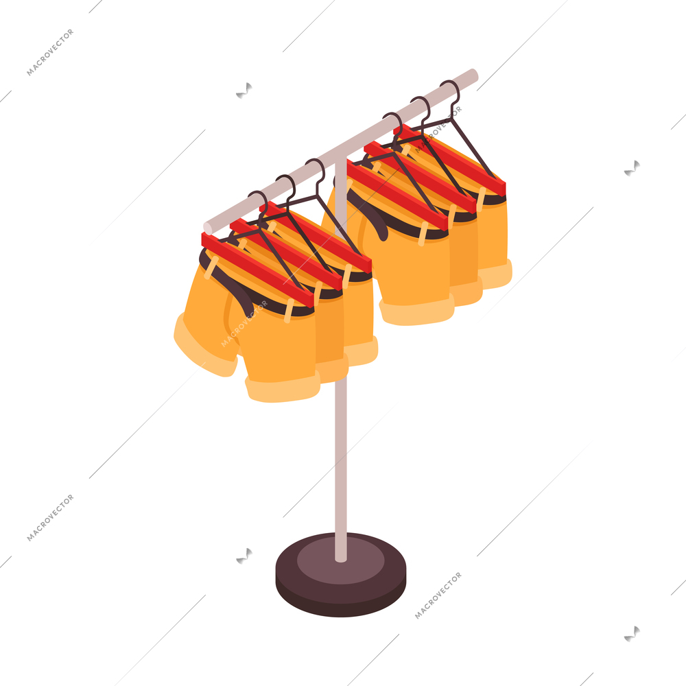 Isometric clothing store shopping composition with colorful shorts hanging on rail stand vector illustration