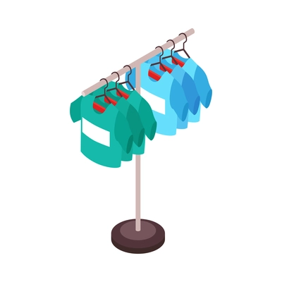 Isometric clothing store shopping composition with colorful t-shirts hanging on rail stand vector illustration