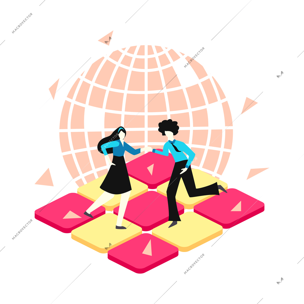 Online music learning app composition with people dancing on drum pads with disco ball silhouette vector illustration