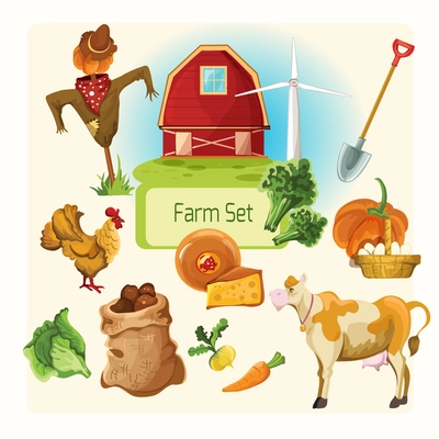 Farm decorative icons set with cow chicken house shovel isolated vector illustration