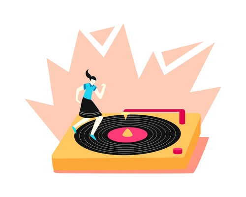 Online music learning app composition with character of girl dancing on top of turntable with vinyl disk vector illustration