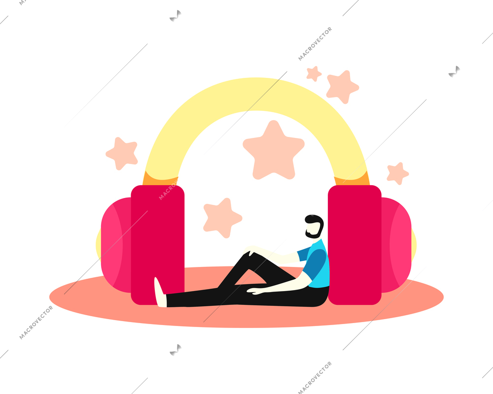 Online music learning app composition with male character and big headphones vector illustration