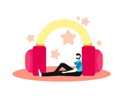 Online music learning app composition with male character and big headphones vector illustration