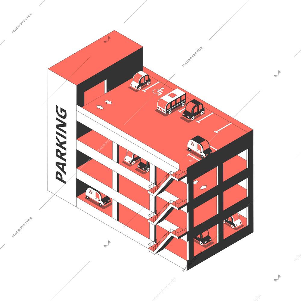 Parking cars isometric composition with isolated image of parking building on blank background vector illustration