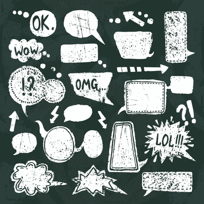 Comic blank text speech bubbles chalkboard decorative icons set vector illustration