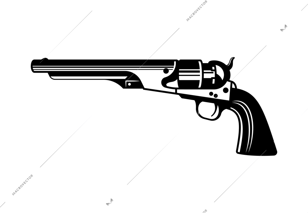 Cowboy emblem monochrome vintage composition with isolated image of long revolver vector illustration