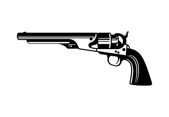 Cowboy emblem monochrome vintage composition with isolated image of long revolver vector illustration