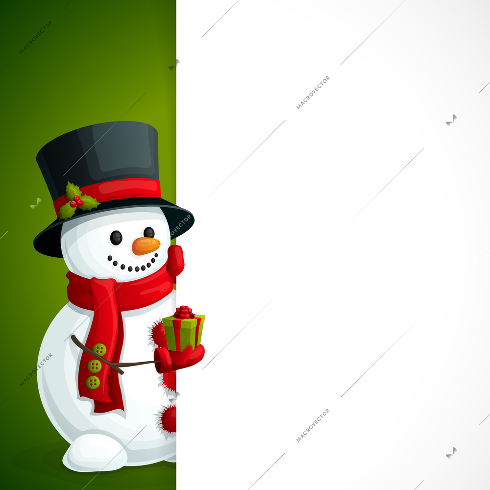 Christmas new year leaflet template with snowman in scarf gloves and hat with gift box in hand vector illustration