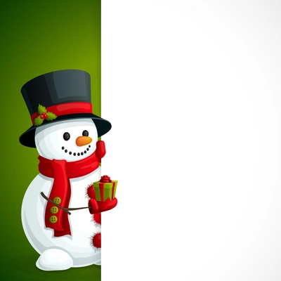 Christmas new year leaflet template with snowman in scarf gloves and hat with gift box in hand vector illustration
