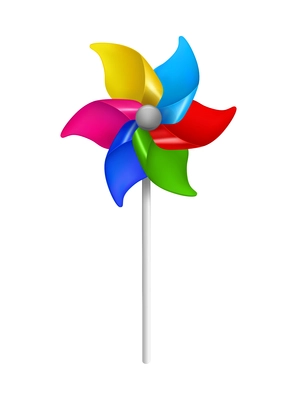 Realistic kite composition with realistic image of colorful wind mill toy on stick vector illustration